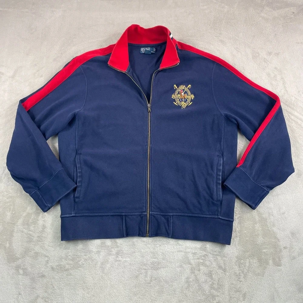 Polo Ralph Lauren Equestrian Crest Logo Track Jacket Men XL‎ Blue Full Zip Heavy